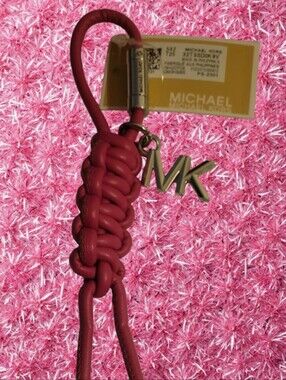 SALE New MICHAEL Michael Kors Pink Braided Faux-Leather Bag Charm Secure Closure